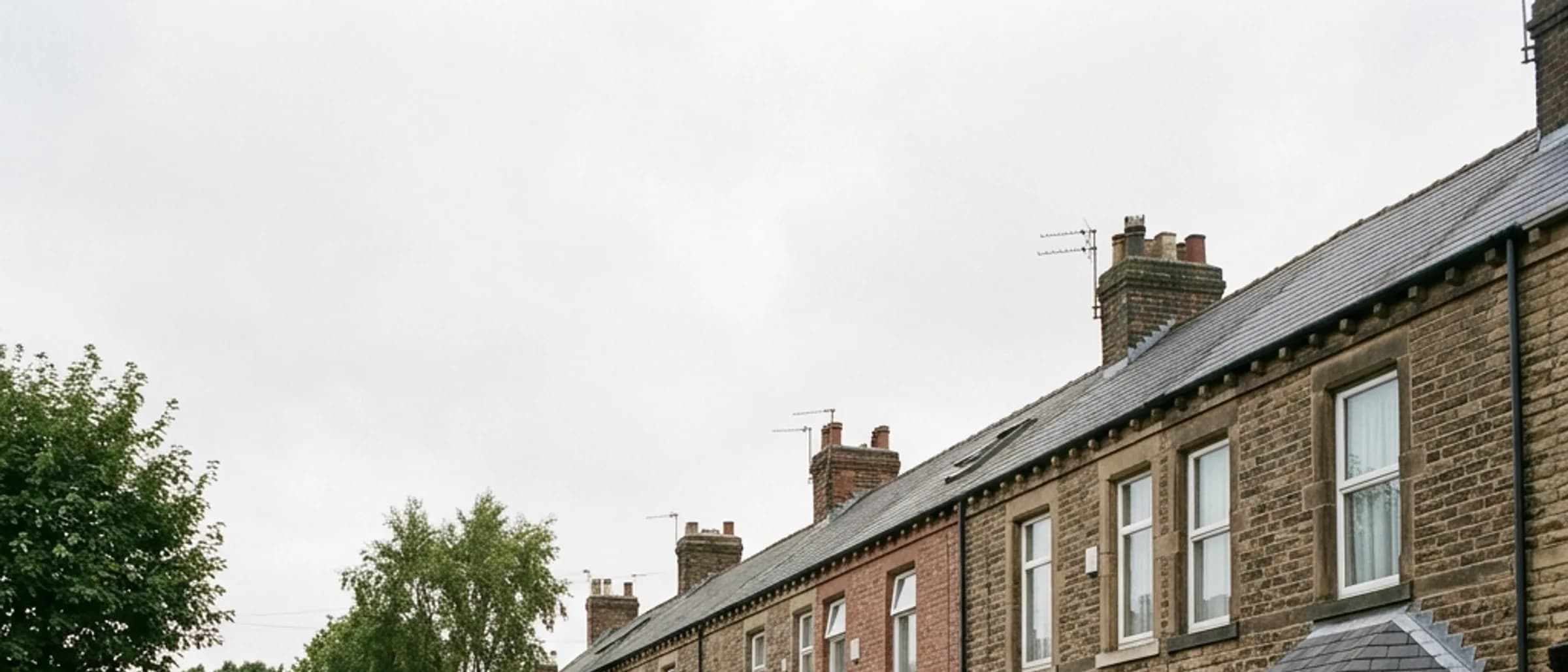 A row of ordinary terraced houses on a quiet residential street in soft daytime light.